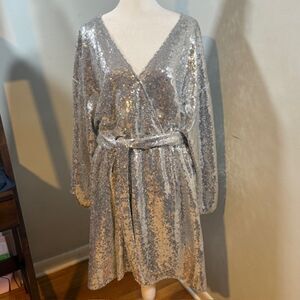 Anthropologie Lisabette Silver Sequin Wrap Mini Dress 1X Old Hollywood Cocktail